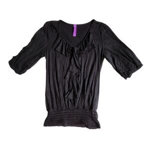 Wish Collection black v neck ruffle blouse with smocked hem sz M